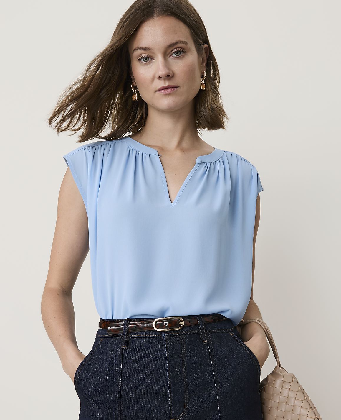 Petite Mixed Media Keyhole Sleeveless Top