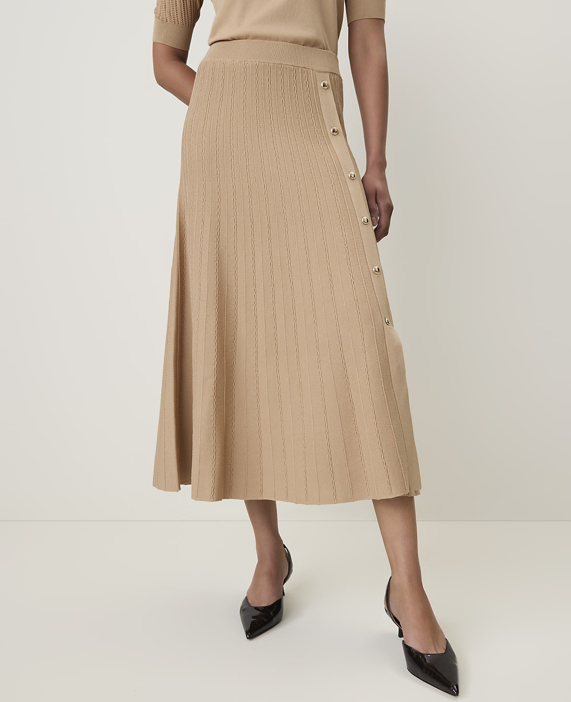 Petite Pleated Button Midi Skirt