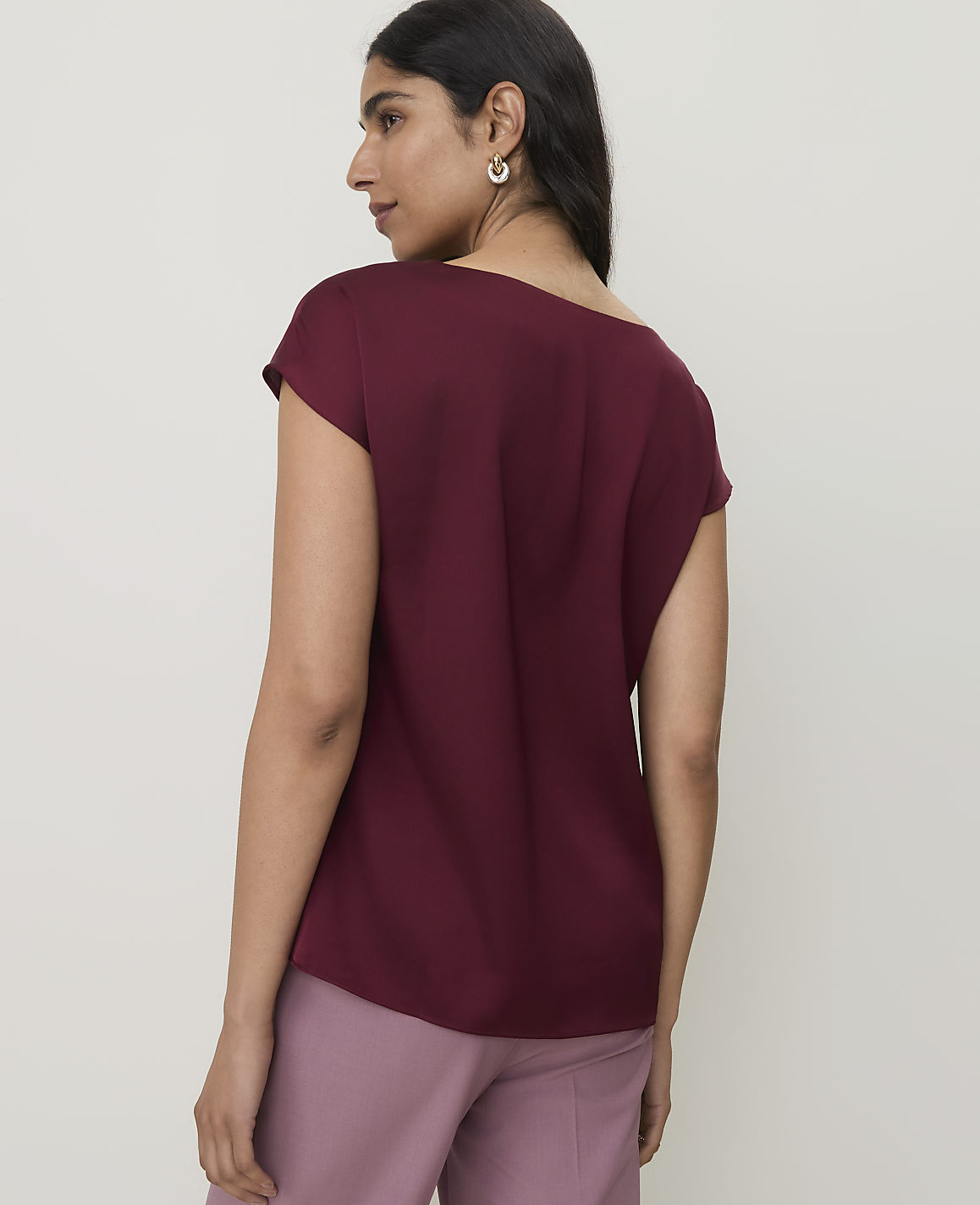 Petite Short Sleeve Cowl Neck Top in Satin