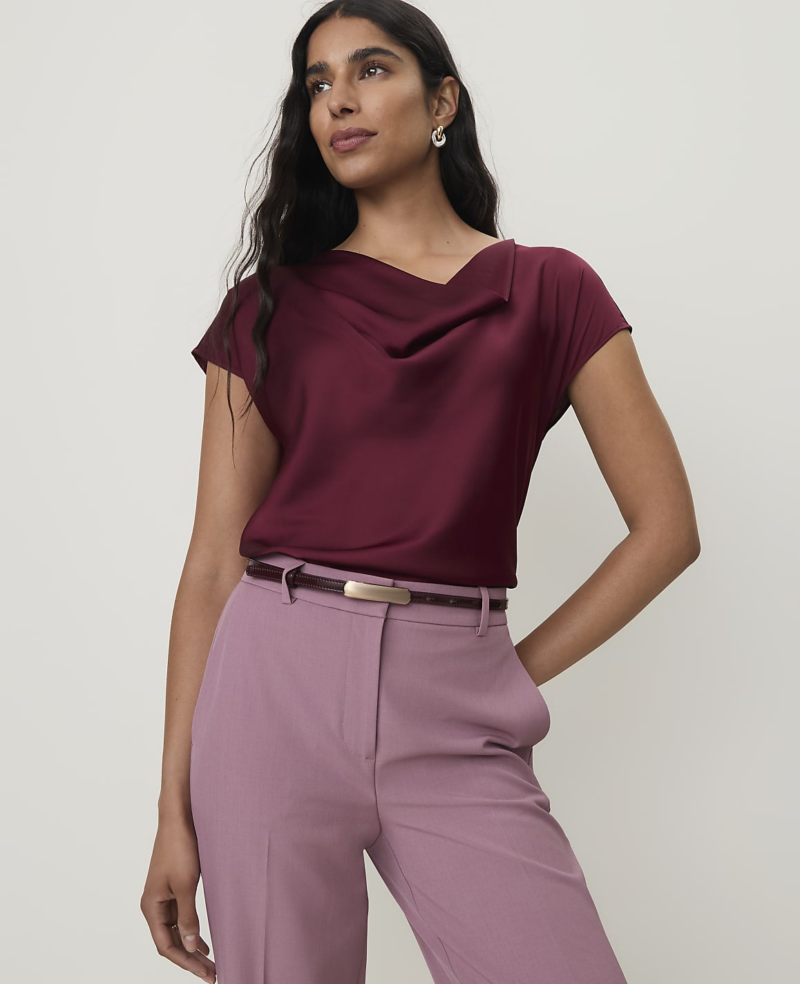 Petite Short Sleeve Cowl Neck Top in Satin