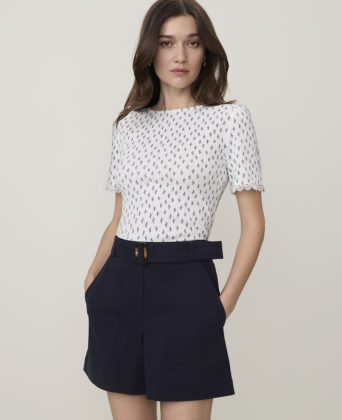 Petite Weekend Floral Lace Trim Pointelle Tee