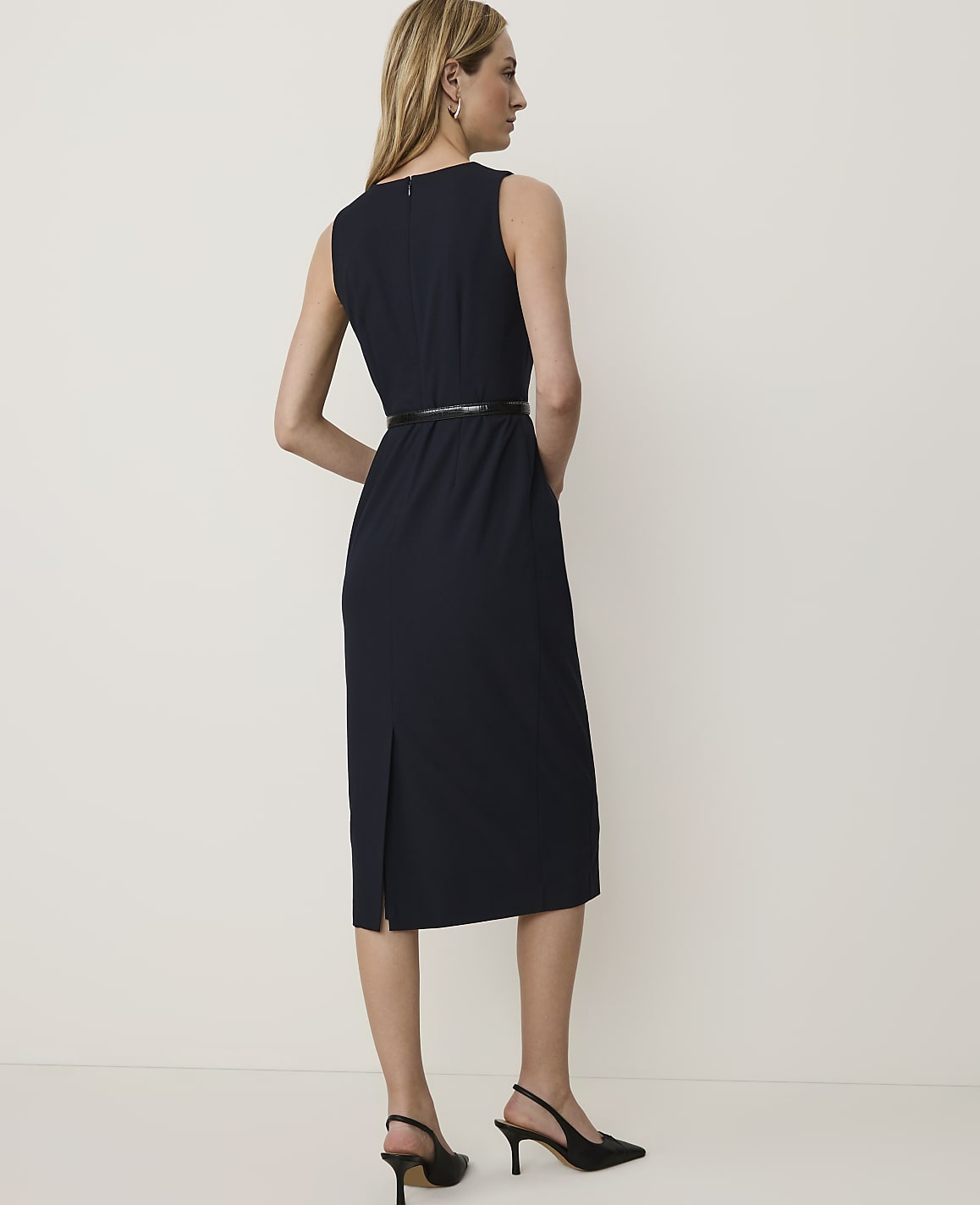 The Petite Belted Crew Neck Sheath Dress in Seasonless Stretch