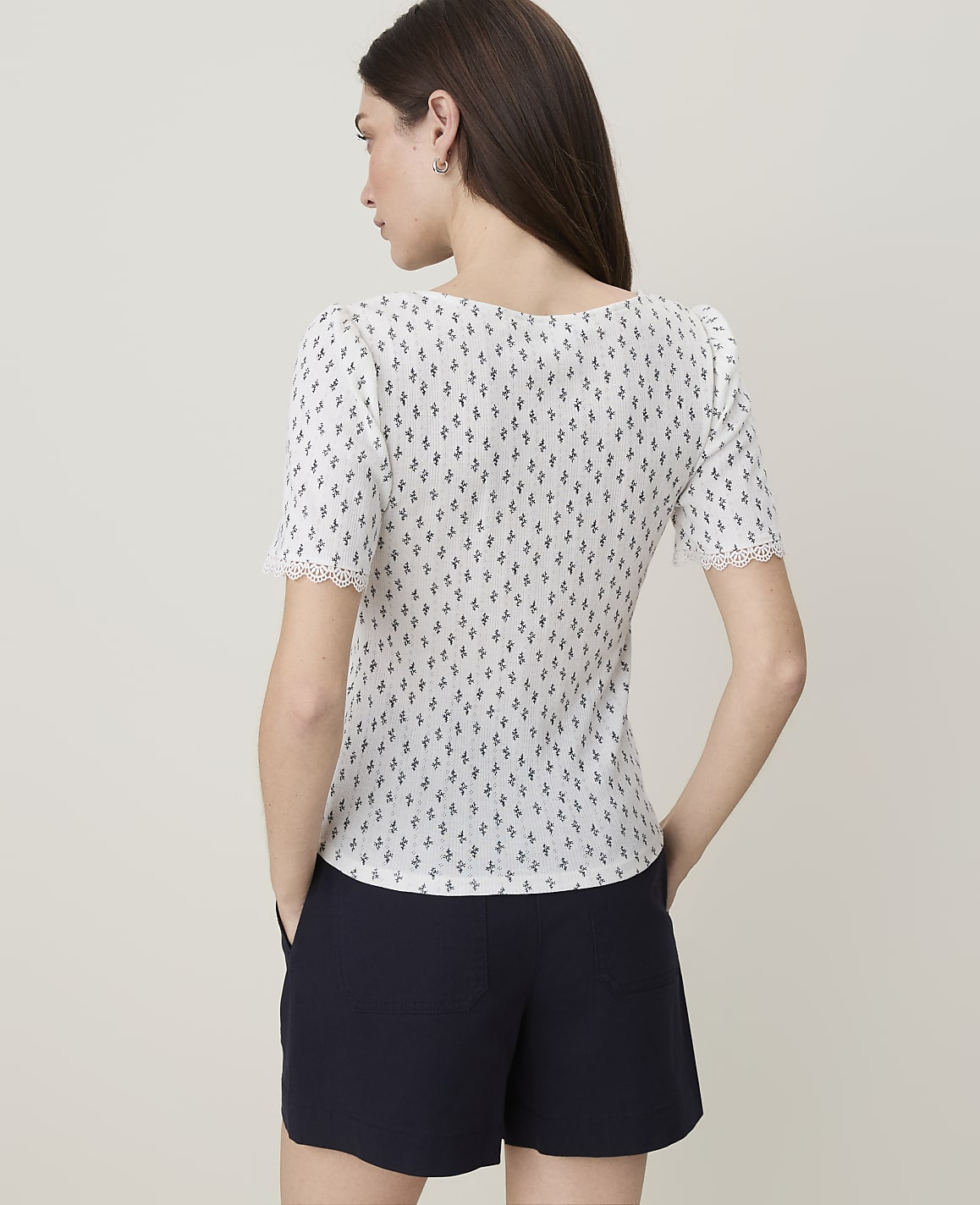 Petite Weekend Floral Lace Trim Pointelle Tee