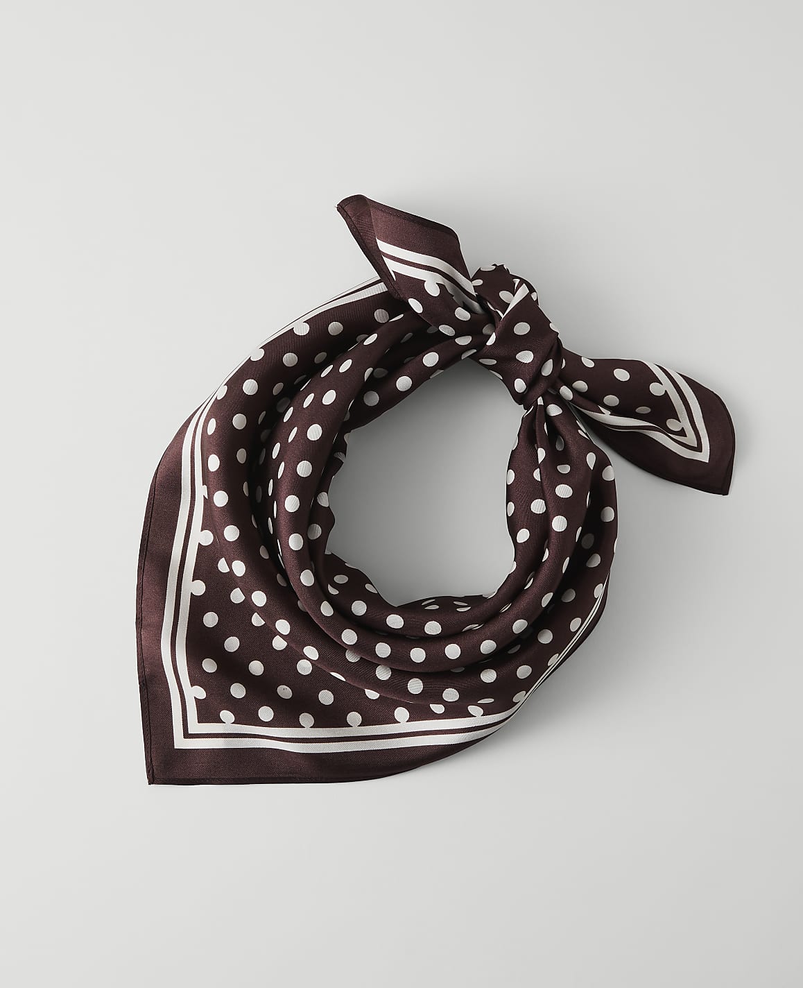 A brown polka dot silk scarf with a white border is tied in a knot against a plain white background.