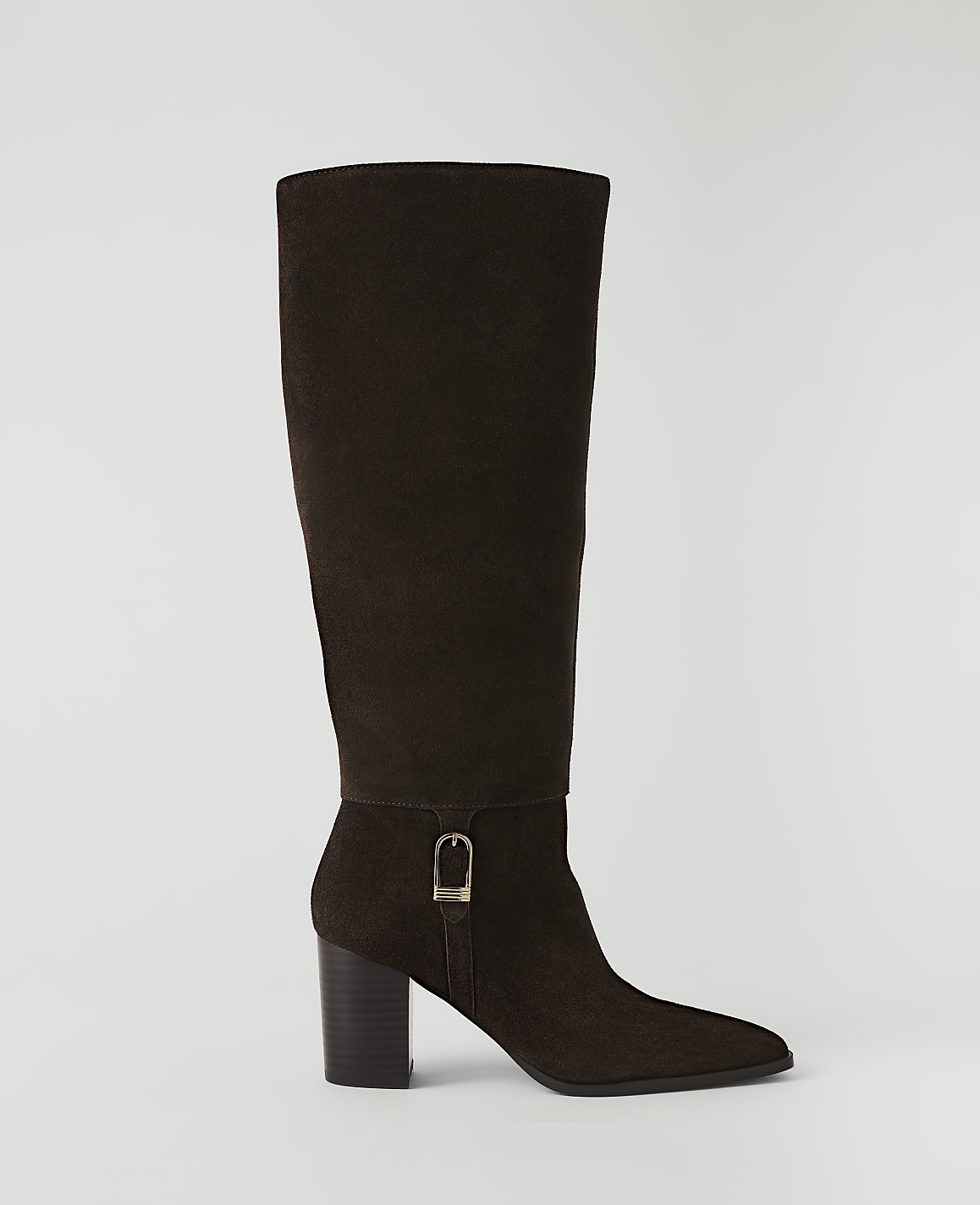 A dark brown suede knee-high boot with a buckle detail stands on a plain white background.
