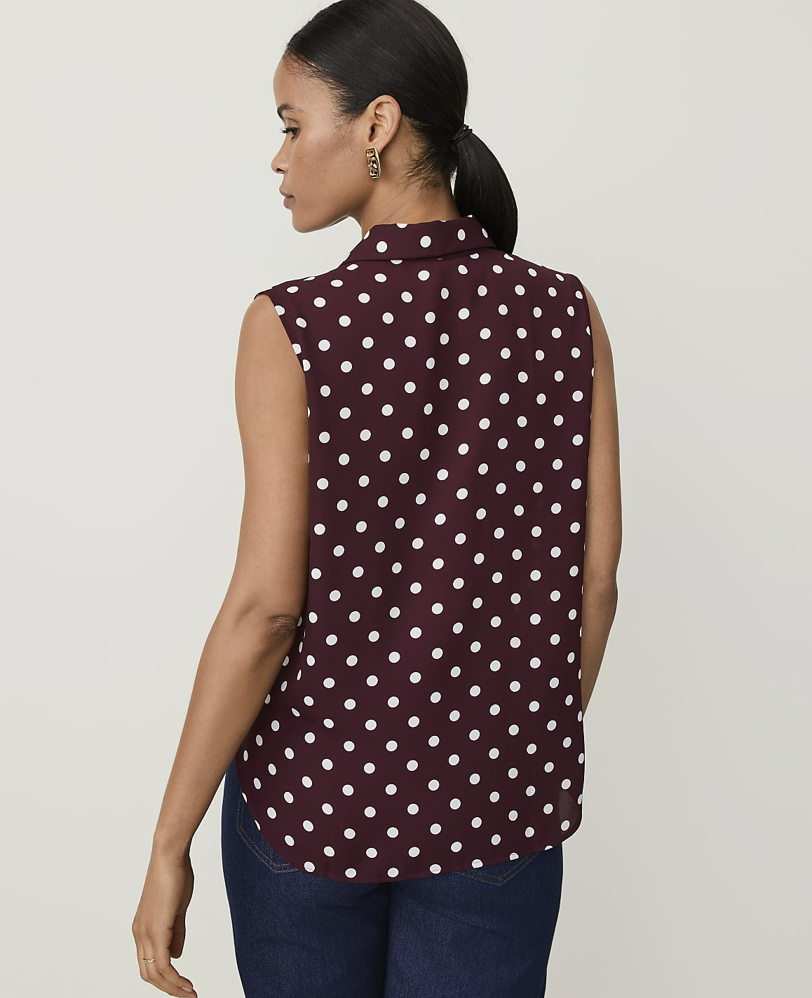 Petite Polka Dot Shirred Sleeveless Shirt