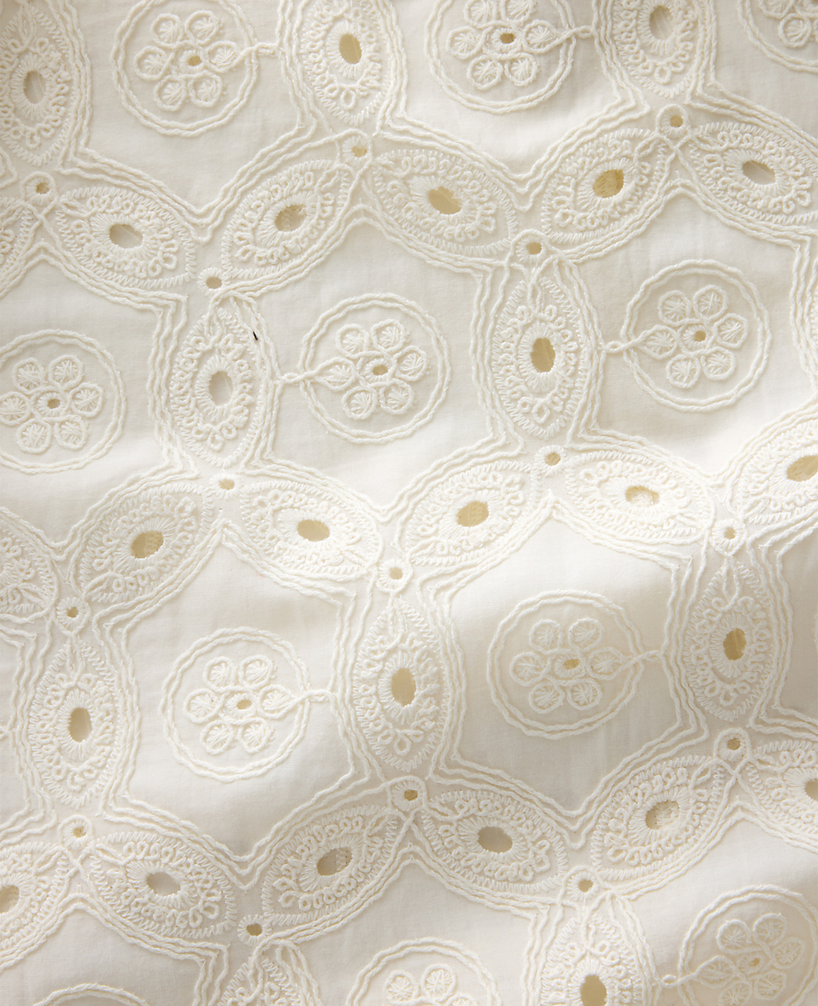 Intricate white eyelet embroidery forms a repeating geometric pattern against a soft, textured fabric background.