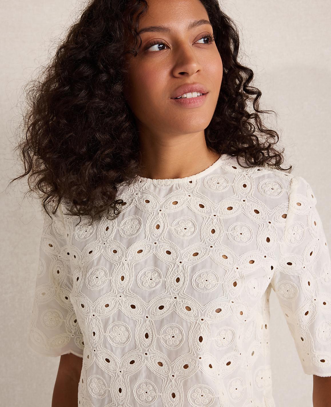 A woman with curly dark hair wears a white eyelet top against a plain, light background.