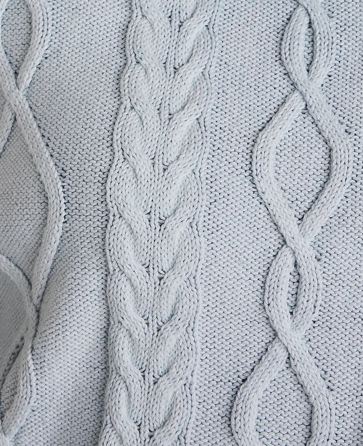 A close-up of a light blue cable-knit sweater with intricate braided patterns fills the frame.