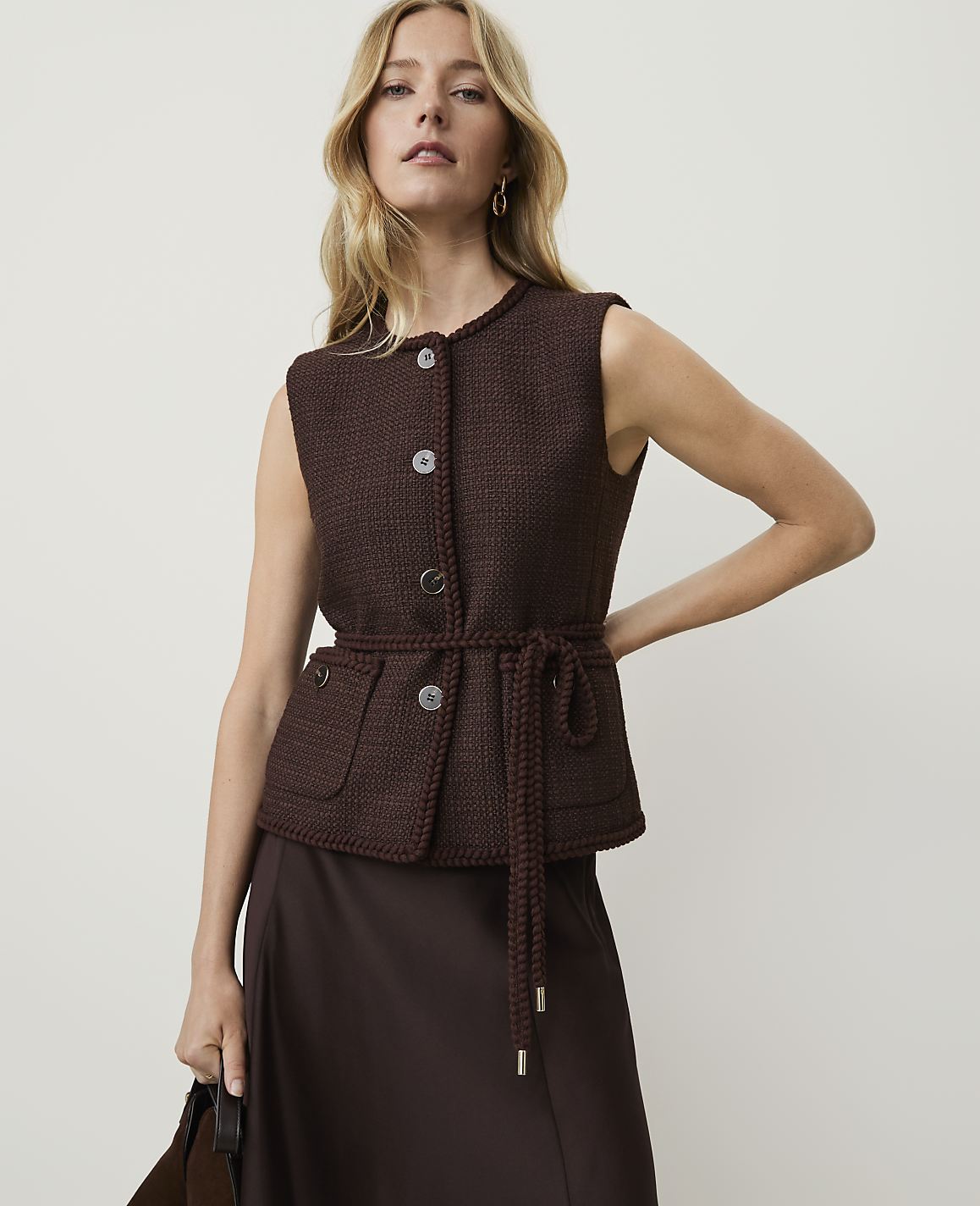 Petite Belted Vest in Tweed