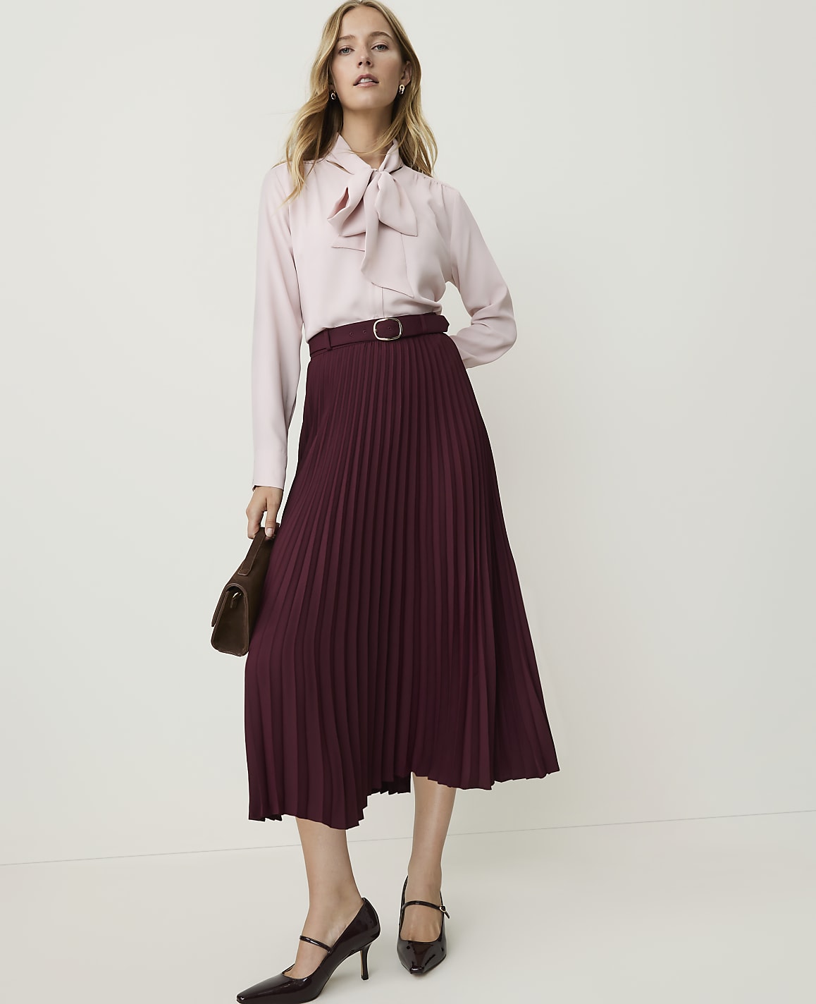 Petite Belted Pleated Midi Skirt