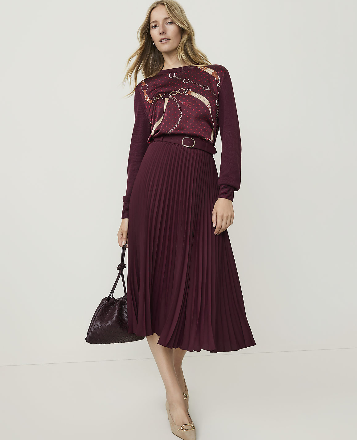 Petite Belted Pleated Midi Skirt