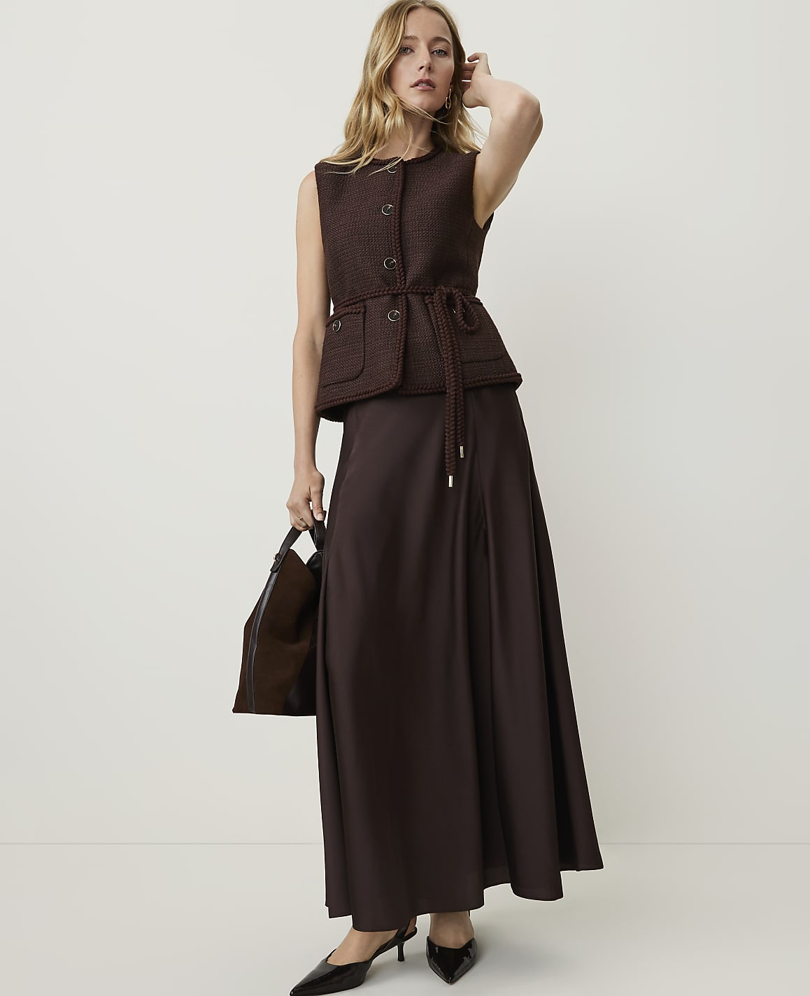 Petite Belted Vest in Tweed