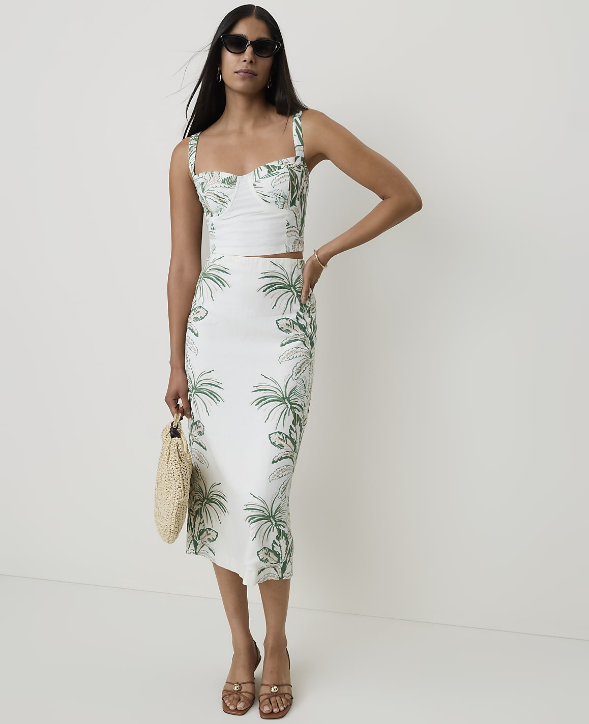 Petite Palm Print Column Midi Skirt in Linen Blend