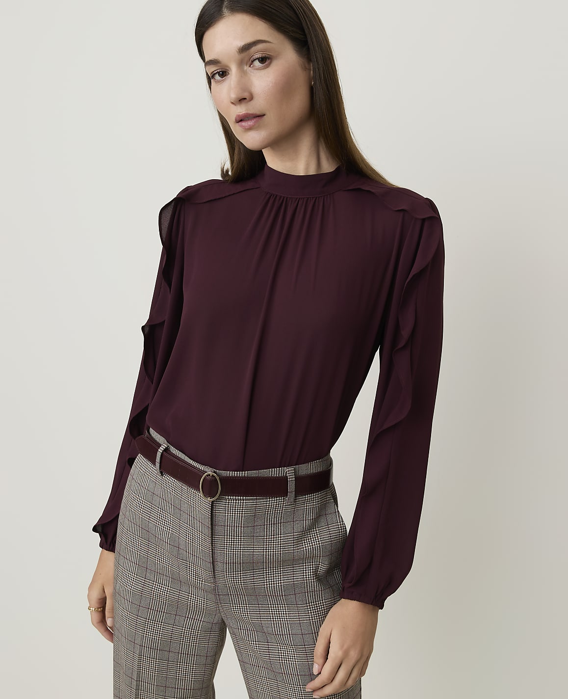 Petite Mock Neck Ruffle Trim Blouse