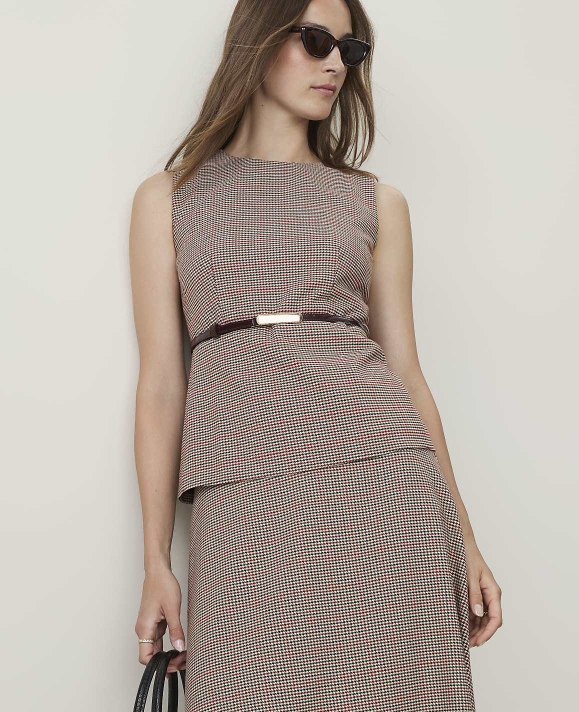 Petite Houndstooth Crew Neck Peplum Top