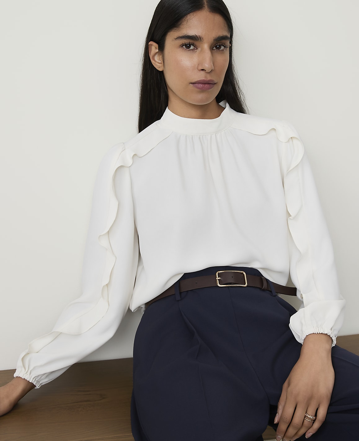 Petite Mock Neck Ruffle Trim Blouse