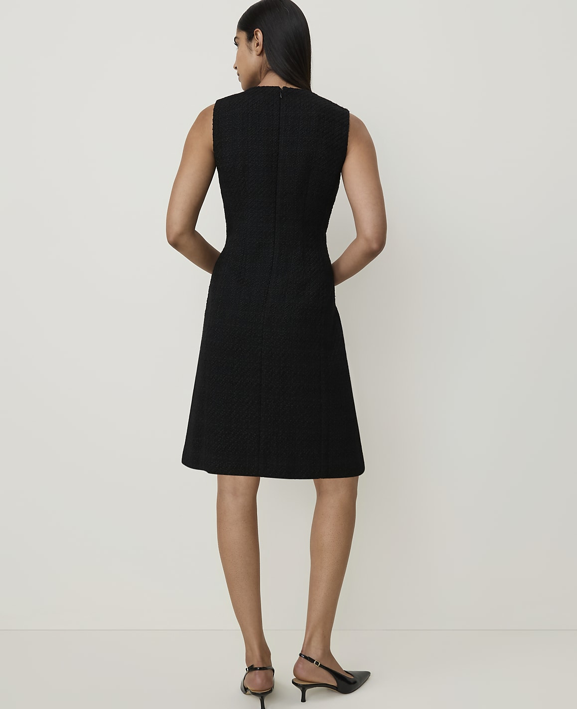 Petite Crew Neck Button Shift Dress in Tweed