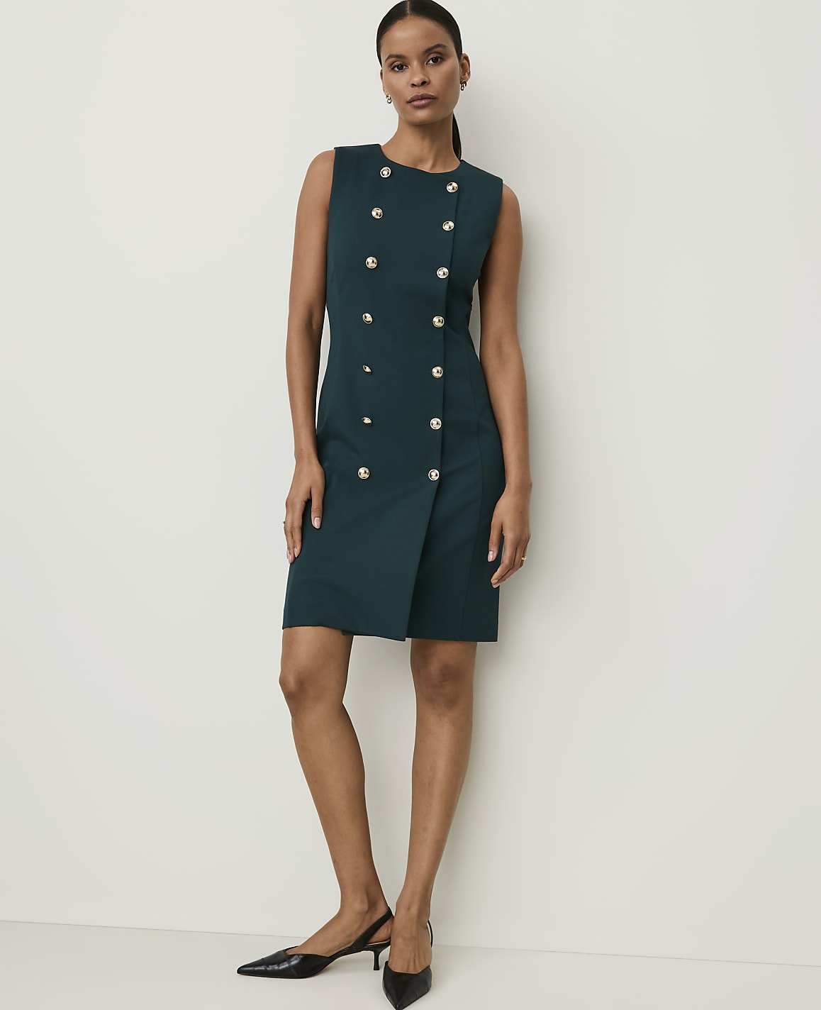 Petite Crew Neck Button Shift Dress