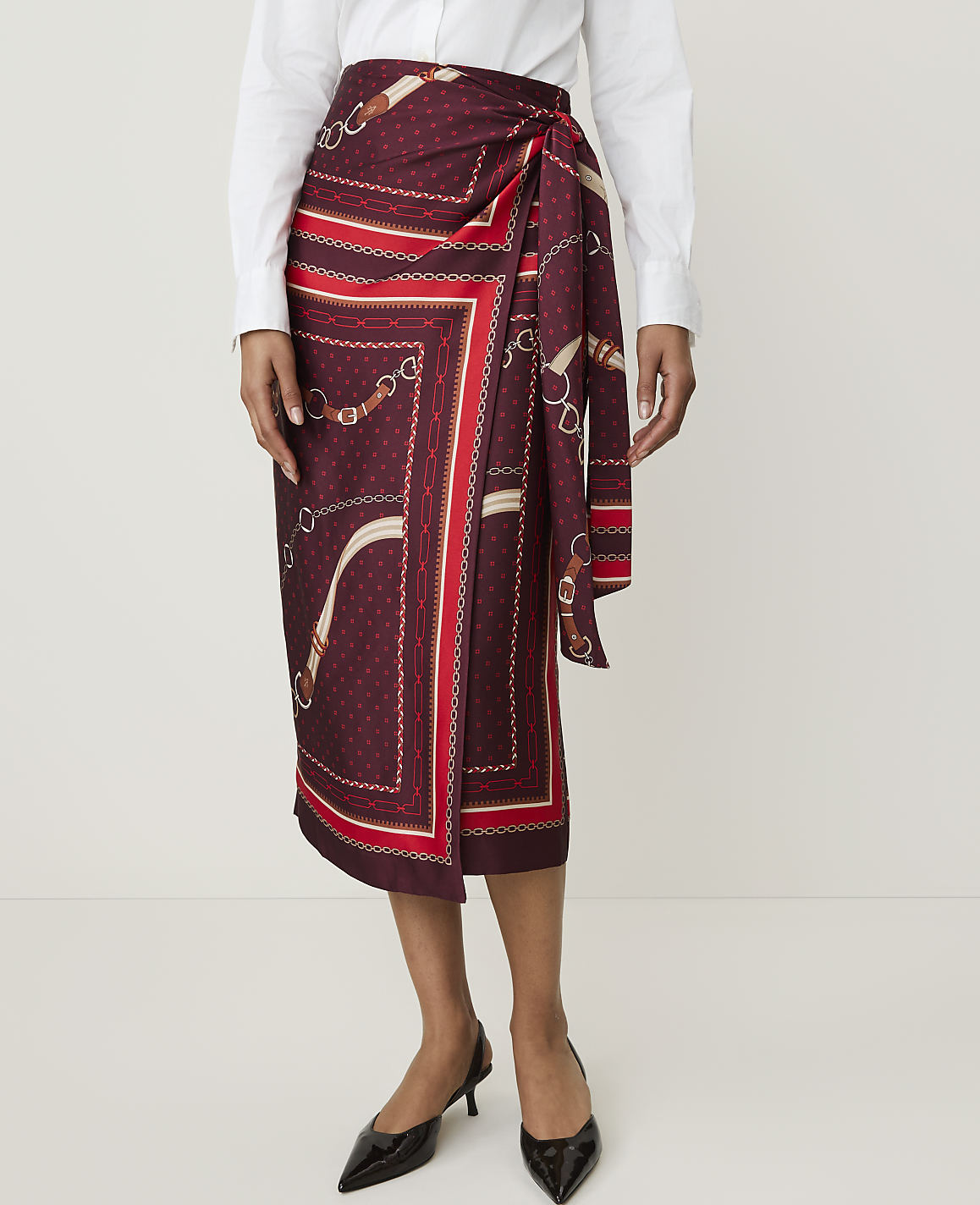 Petite Horsebit Print Wrap Skirt in Satin