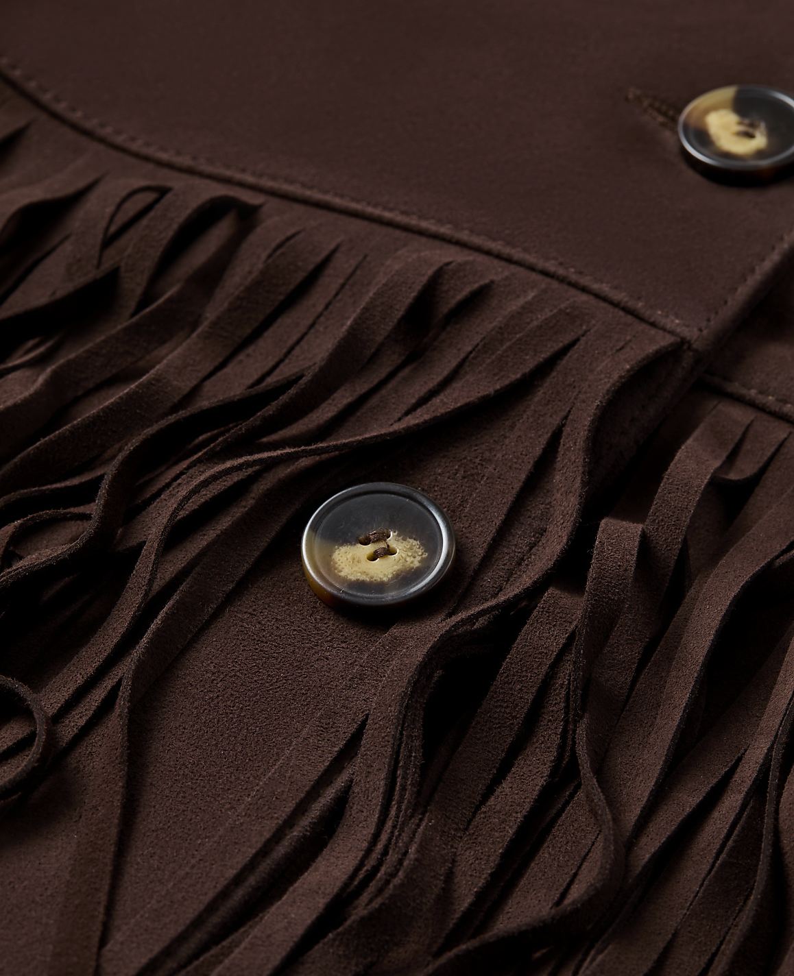 Brown fabric with fringe and buttons in the foreground is set against a blurred background.