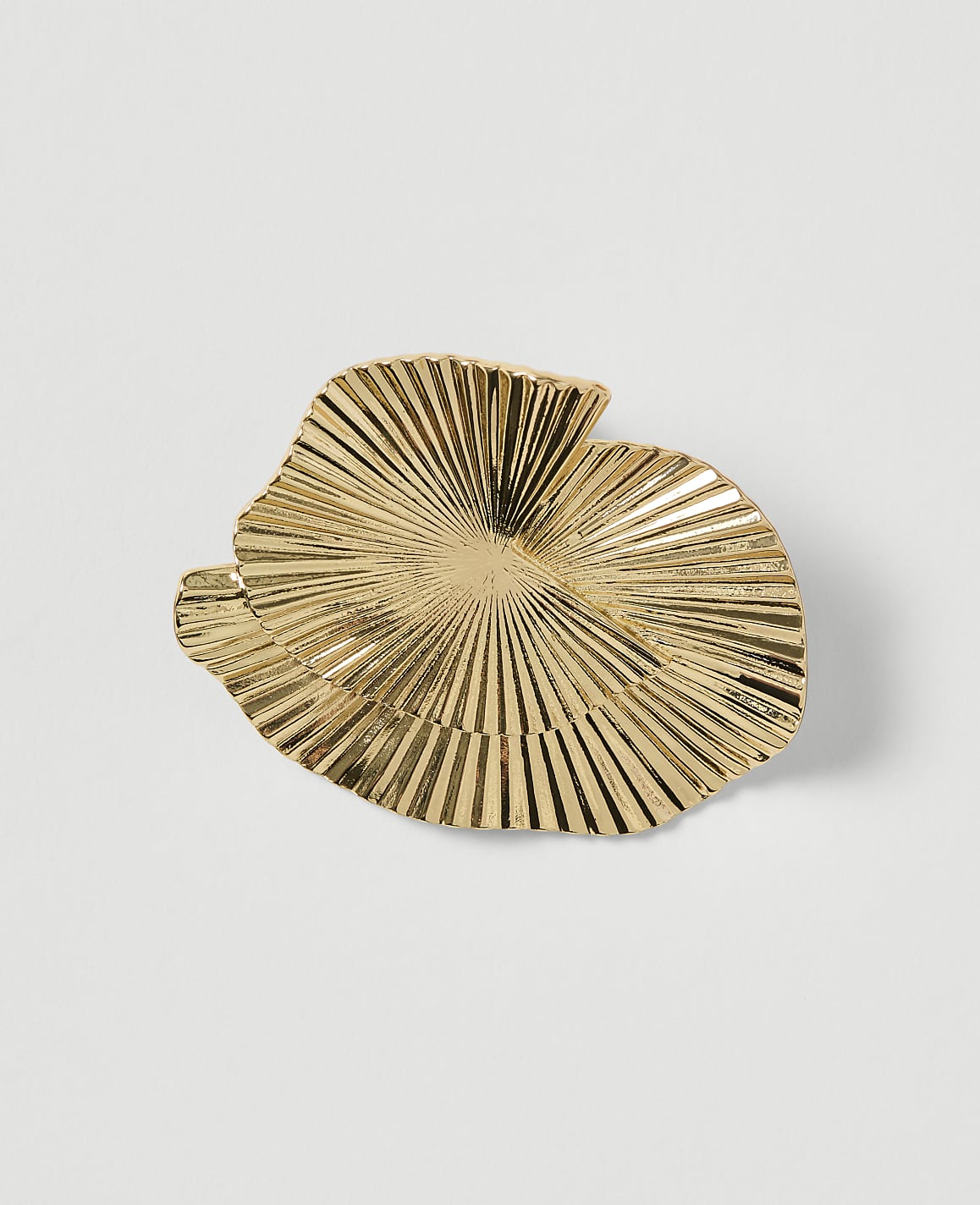 A golden, fan-shaped decorative object with radiating lines sits on a plain white background.