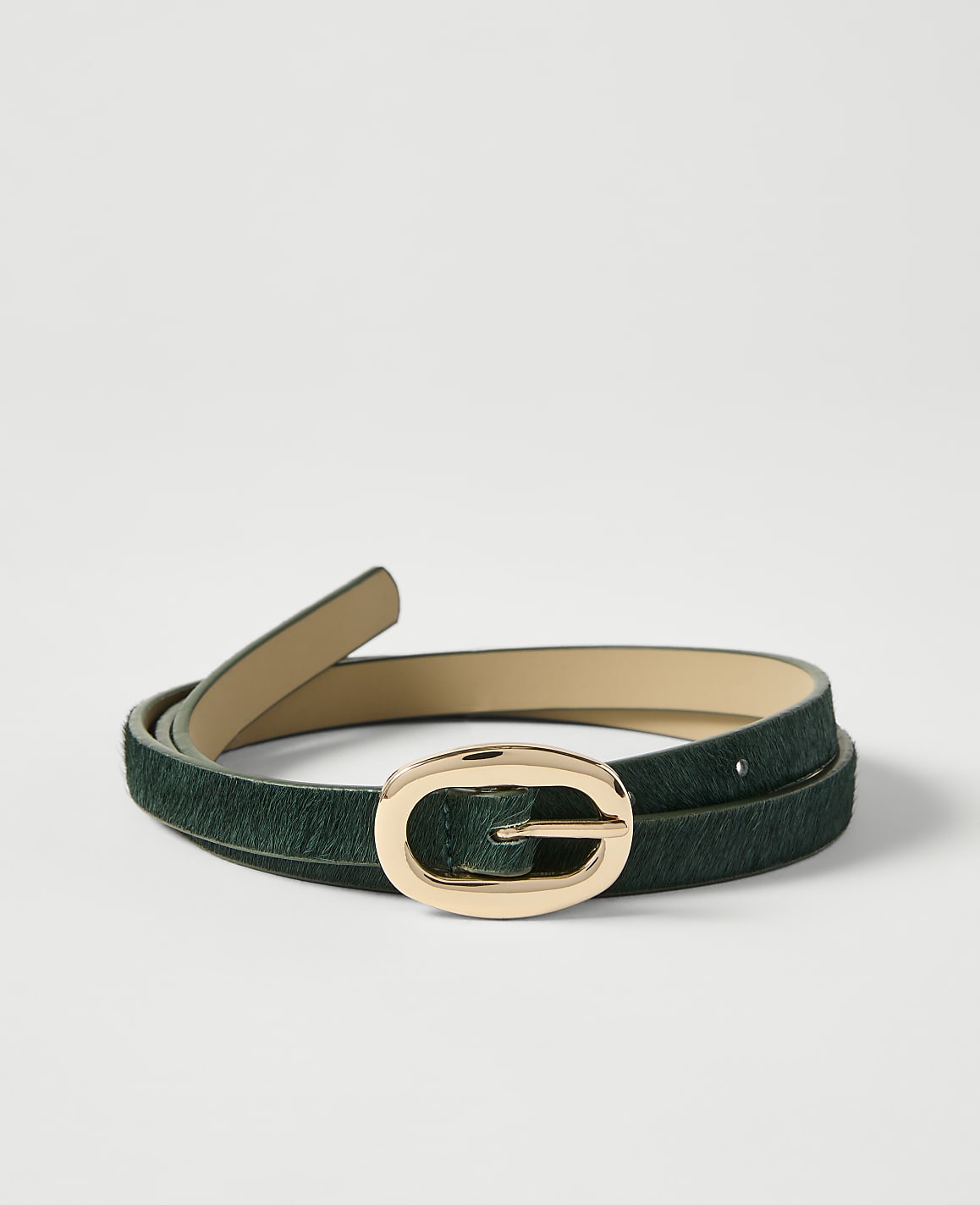 A dark green, textured belt with a gold oval buckle lies coiled on a plain white background.