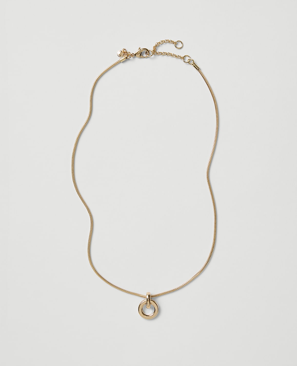 A gold chain necklace with a circular pendant rests on a plain light gray background.