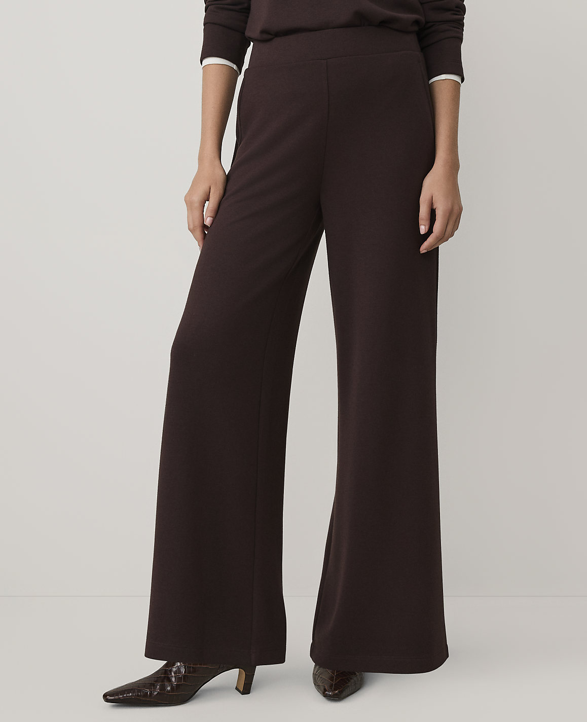 A person wears dark brown wide-leg trousers and matching shoes against a plain white background.