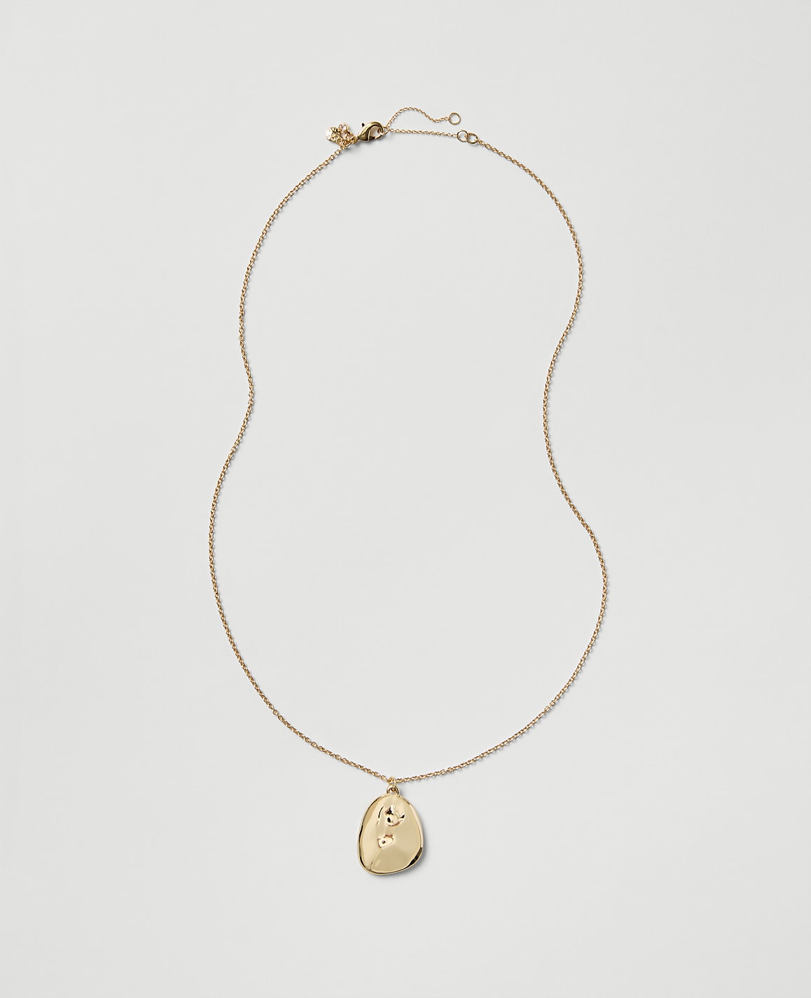 A gold chain necklace with an oval pendant rests against a plain light gray background.