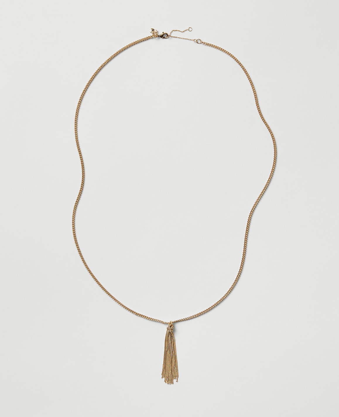 A gold chain necklace with a tassel pendant rests against a plain light gray background.