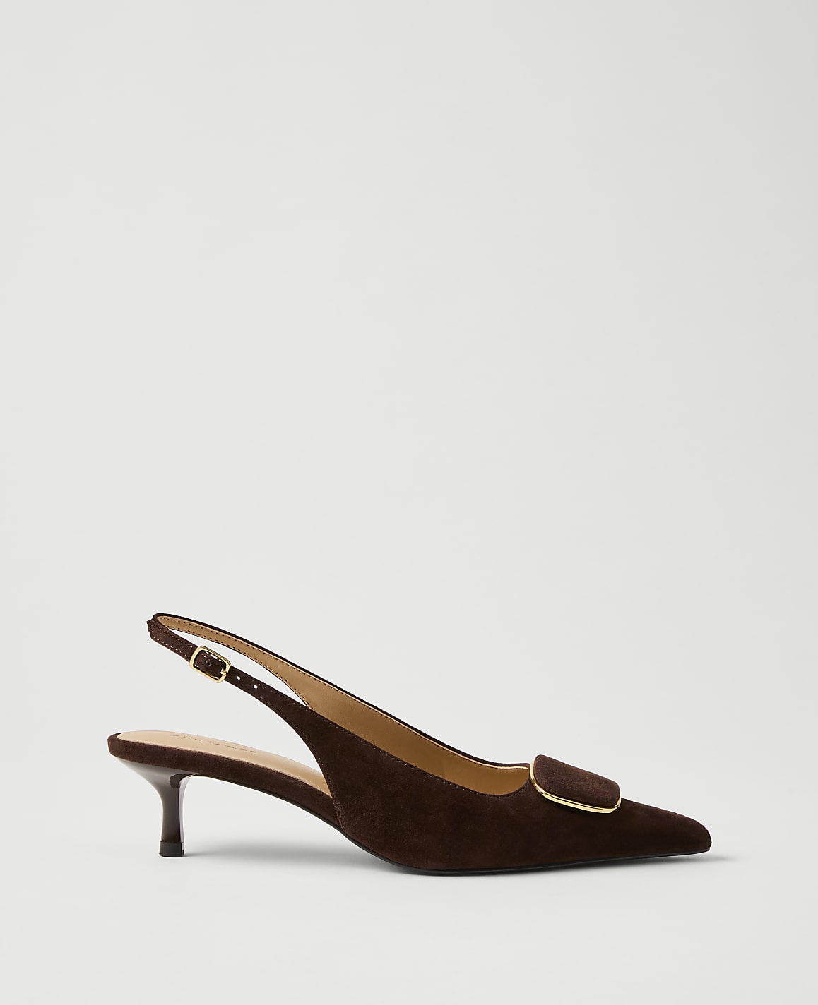 A brown suede slingback heel with a gold buckle sits against a plain light gray background.