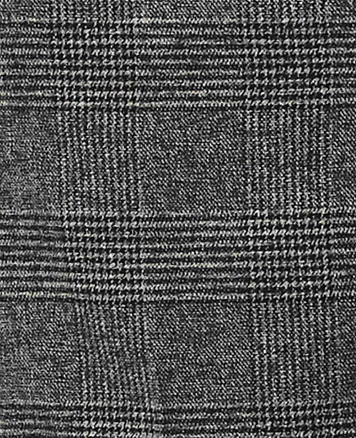 A close-up of a grey plaid fabric featuring intersecting light-colored lines over a dark, textured weave.