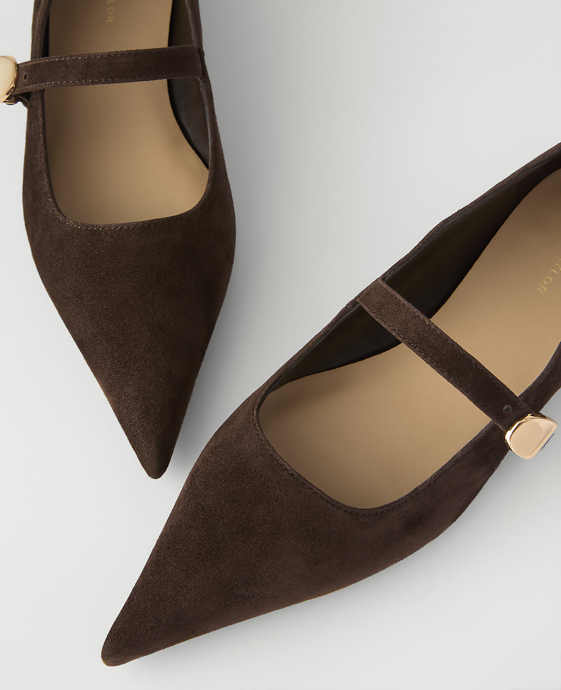 Two brown suede pointed-toe flats with straps are positioned diagonally against a plain white background.