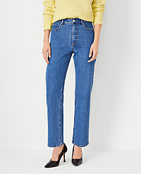 Petite High Rise Straight Jeans in Vintage Mid Indigo Wash - Curvy Fit carousel Product Image 1