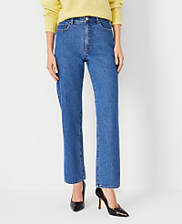 Petite High Rise Straight Jeans in Vintage Mid Indigo Wash carousel Product Image 3