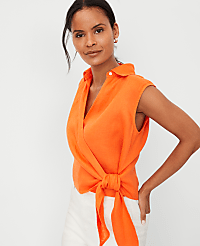 Petite Tie Waist Blouse in Linen carousel Product Image 4