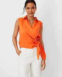 Petite Tie Waist Blouse in Linen carousel Product Image 2