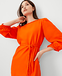 Linen Blend Puff Sleeve Belted Shift Dress carousel Product Image 3