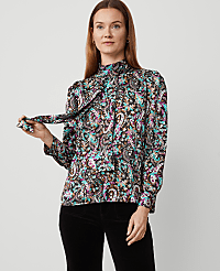 Petite Paisley Mock Tie Neck Puff Sleeve Top carousel Product Image 1