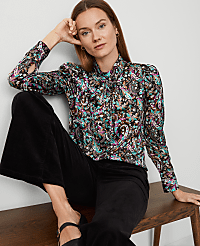 Petite Paisley Mock Tie Neck Puff Sleeve Top carousel Product Image 3