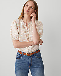 Petite Mixed Media Ruffle Neck Top carousel Product Image 1