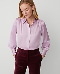 Petite Collared Shirred Yoke Button Down Shirt carousel Product Image 1