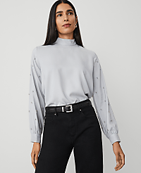 Petite Embellished-Sleeve Mock-Neck Top carousel Product Image 1
