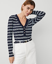 Weekend Collection Striped Puff Sleeve Henley Top carousel Product Image 1