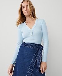 Petite Weekend Collection Puff Sleeve Henley Top carousel Product Image 1