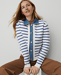Petite Weekend Collection Striped Denim Sweater Jacket carousel Product Image 3