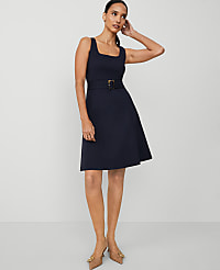 The Petite Belted Flare Dress in Stretch Cotton carousel Product Image 1