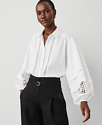 Petite Embroidered Linen Blend Puff Sleeve Blouse carousel Product Image 1