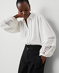 Embroidered Linen Blend Puff Sleeve Blouse carousel Product Image 4